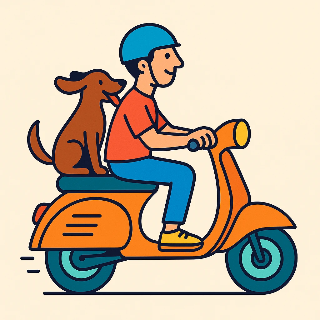 color vector art with thin outline of man and pet dog riding a scooter emoji