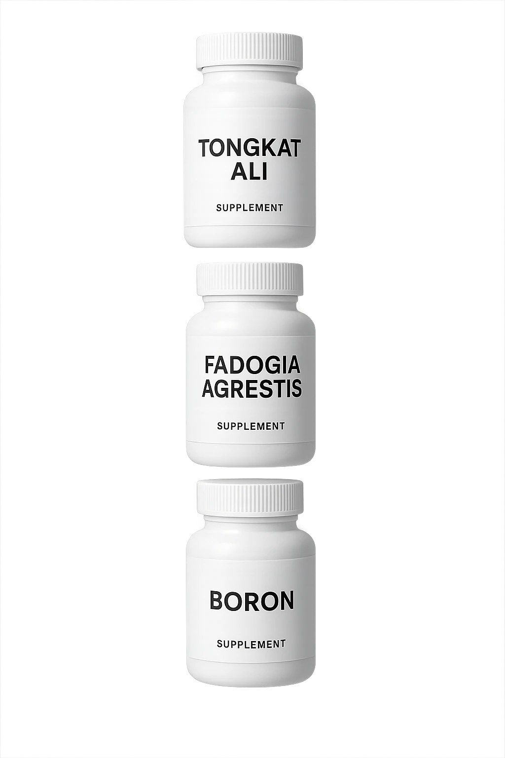 4 boccette di integratore: Tongkat Ali, Fadogia Agrestis, Boron e Zinco fluttuano in aria verticalmente emoji