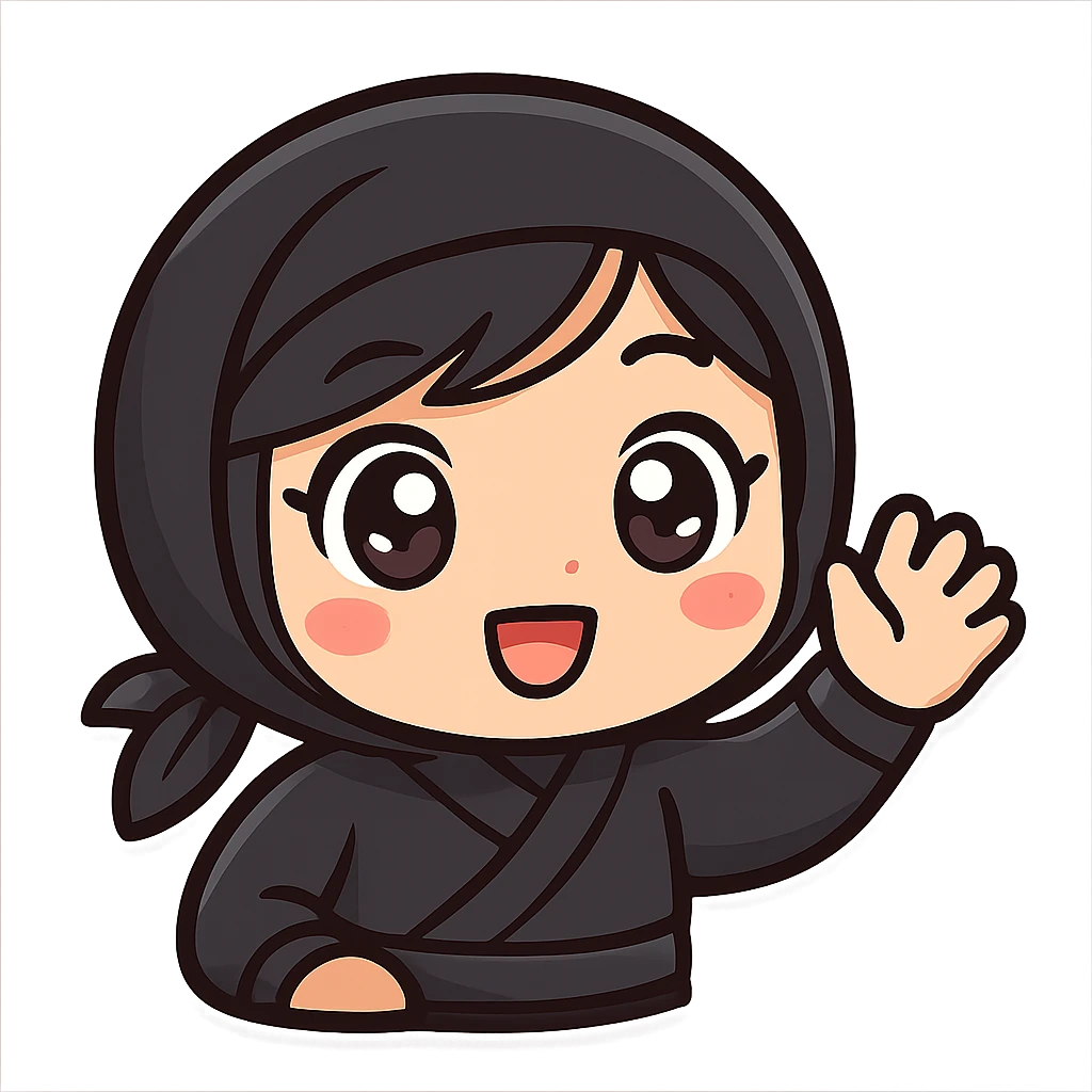 Super cute kawaii chibi style ninja girl with big sparkling eyes, round face, soft colors, playful charm, black short hair with a blonde streak, only head and arms visible, bold outlines, no mask, hand fully raised waving to the right, smiling, sized for Twitch emoji use. emoji