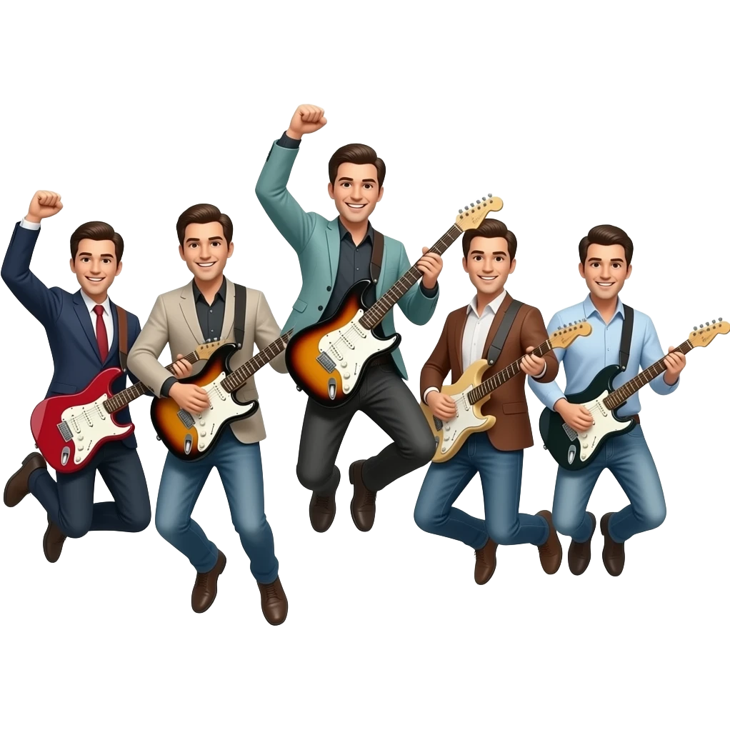 a musical group of fashion men jumping with guitars in the air emoji