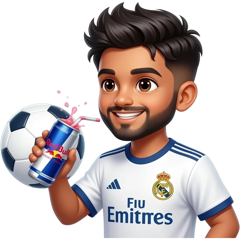 Laughing Boy with a European soccer ball, in Real Madrid jersey Indian young boy with a lightly trimmed beard and side fade with messy spike hairstyle, drinking redbull watermelon flavor, hair and beard color is black emoji
