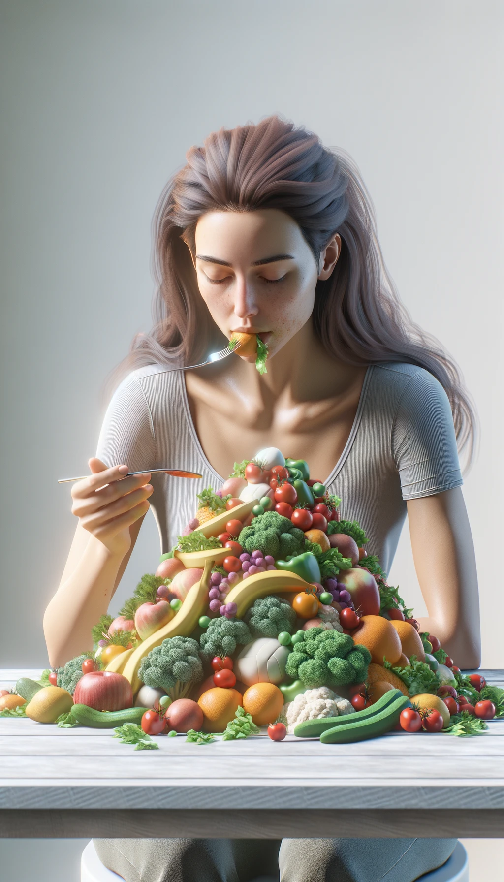 donna che mangia una montagna di frutta e verdura, SFONDO molto CHIARO NEUTRO, colori realistici, iperrealistico 4k emoji
