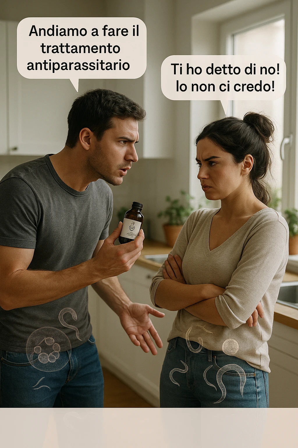 A highly realistic, cinematic photo of a young couple in their early 30s having an argument in a bright modern kitchen. The man, athletic build, wearing a casual T-shirt and jeans, is speaking firmly with a raised hand holding a small amber glass bottle labeled with a subtle herbal symbol, saying 'Andiamo a fare il trattamento antiparassitario' with a determined expression. The woman, with long dark hair tied in a messy bun, casual home outfit, crosses her arms with an angry, defensive expression, replying 'Ti ho detto di no! Io non ci credo!' while slightly turning away. Tension is visible in their body language, with the man leaning forward trying to explain and the woman leaning back, her eyebrows furrowed. Around them, subtle ghostly overlays of microscopic parasites are faintly visible near their abdominal areas, symbolizing the hidden reason for the argument. The kitchen is bright and modern with plants and natural light, contrasting the emotional tension. The style is hyperrealistic with warm tones and shallow depth of field focusing on their facial expressions, illustrating the conflict between belief in natural treatments and skepticism within the couple regarding hidden parasitic infections. in italiano emoji
