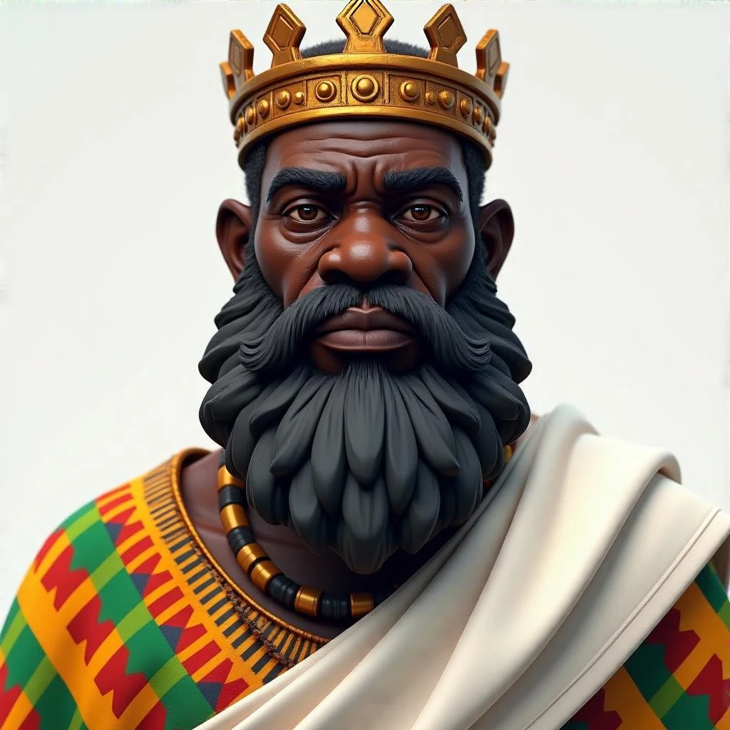 Create me a Stylized 3D Character Art of an old African king with a large beard wearing kente cloth with a white silky luxurious cloth for a Strategy Game. Make it have a balance of realism and caricature. emoji