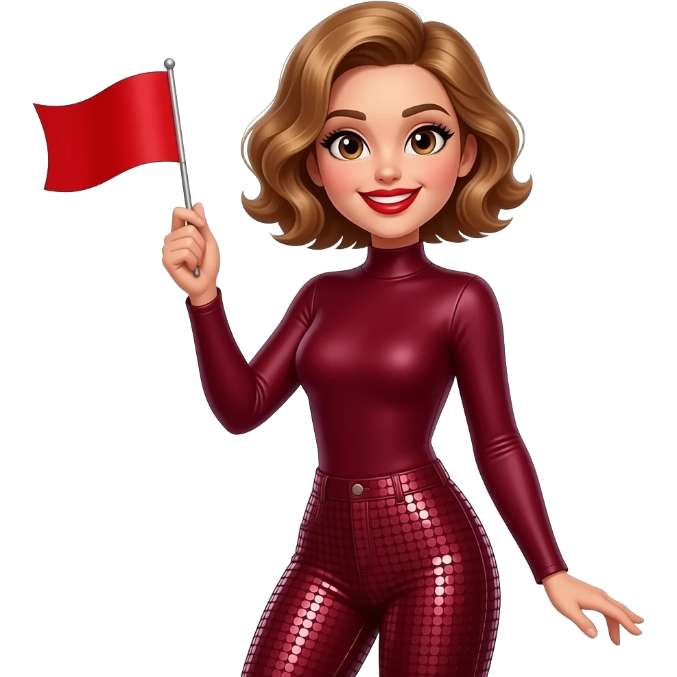 glamours,-tanned,-very-beautiful-woman-with-big-plump-red-lips,-long-lashes,-honey-silky-very short- hair,-wavy-hair,-hazel-eyes- wearing-Burgundy-Long-sleeved-bodysuit-Burgundy- sequinned-pants-Her-eyes-sparkle-and-she-is-smiling-Hand-up-waving-Red-Flag. emoji