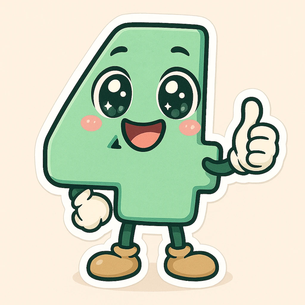 Add a cute, expressive cartoon face to the number 4, keeping the playful cartoon style consistent with chibi stickers style. emoji