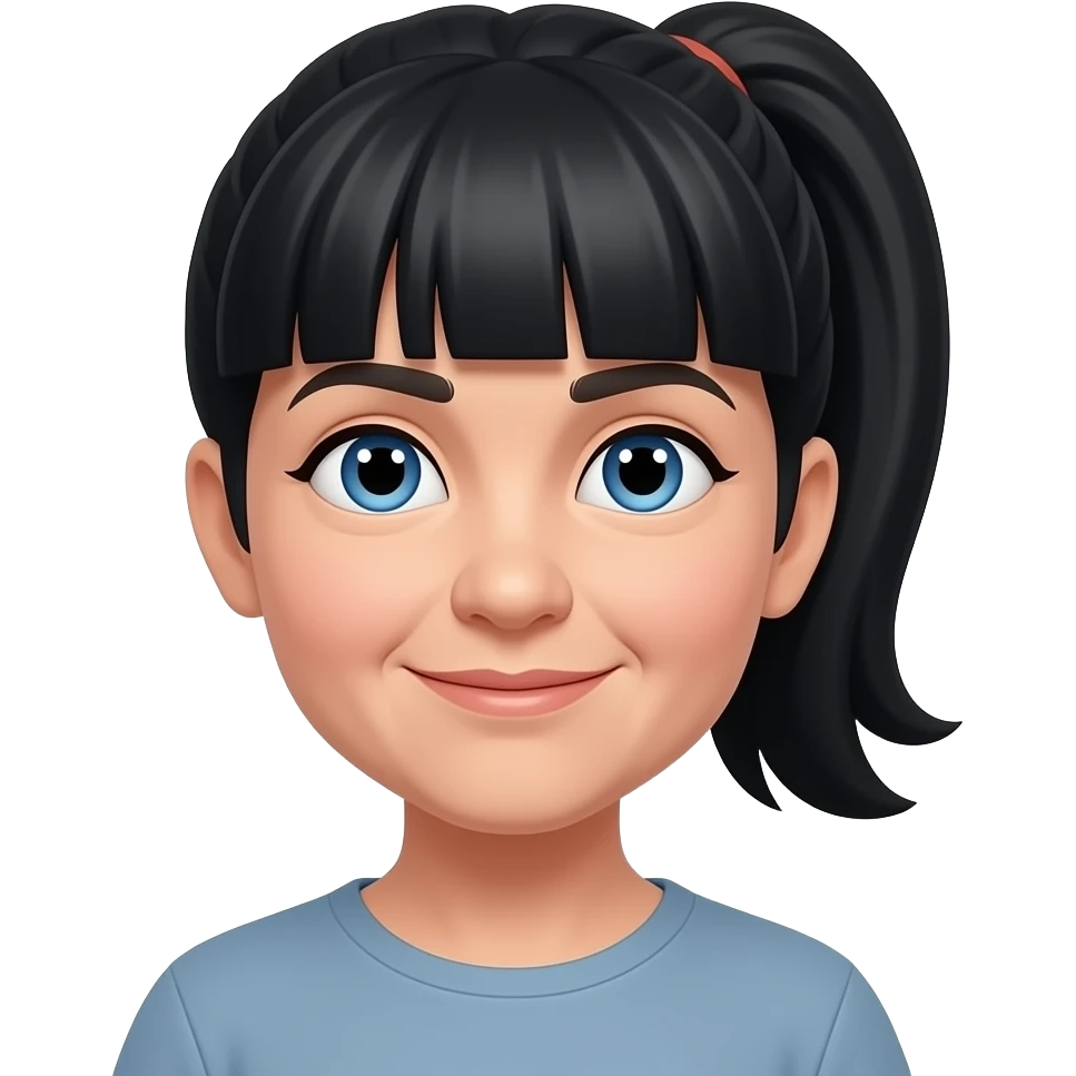 Blue eyes thick bangs ponytail black hair senior citizen emoji