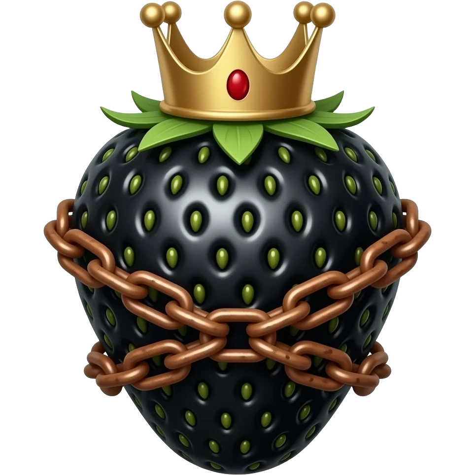 a black strawberry that has a royal crown instead of a stem. A crown of thorns is wrapped around the strawberry's body and a rusty bronze chain is spinning around its body emoji