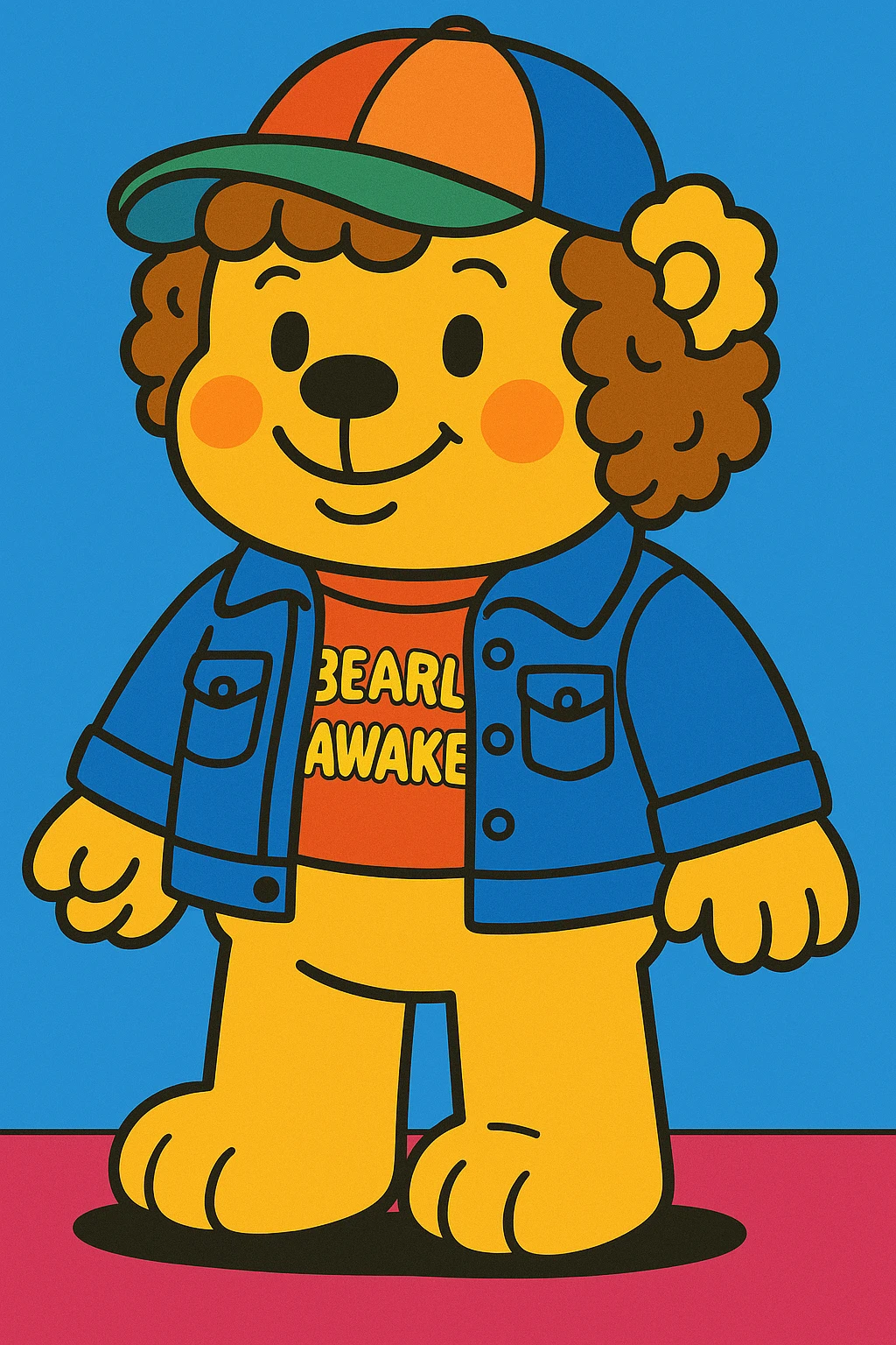 Dustin-bear wearing a denim jacket, funny t-shirt, colorful cap, curly hair, friendly smile, in Bobbie Goods style. emoji