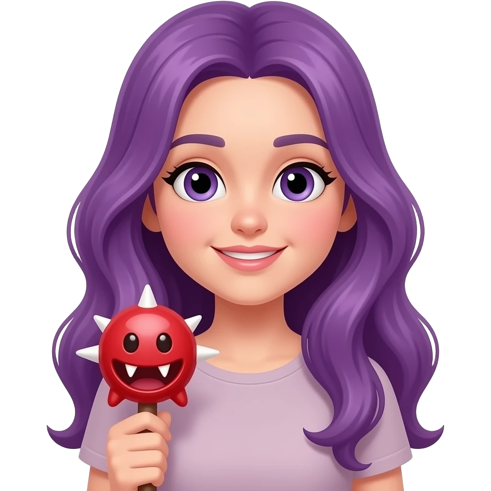 girl with long purple hair holding a CUTE but STABBY sign emoji