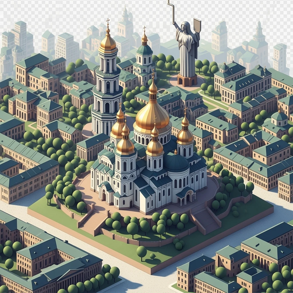 Isometric illustration of Kyiv, featuring Saint Sophia Cathedral with golden domes, balanced between stylized and realistic, 3D miniature effect, transparent background. emoji