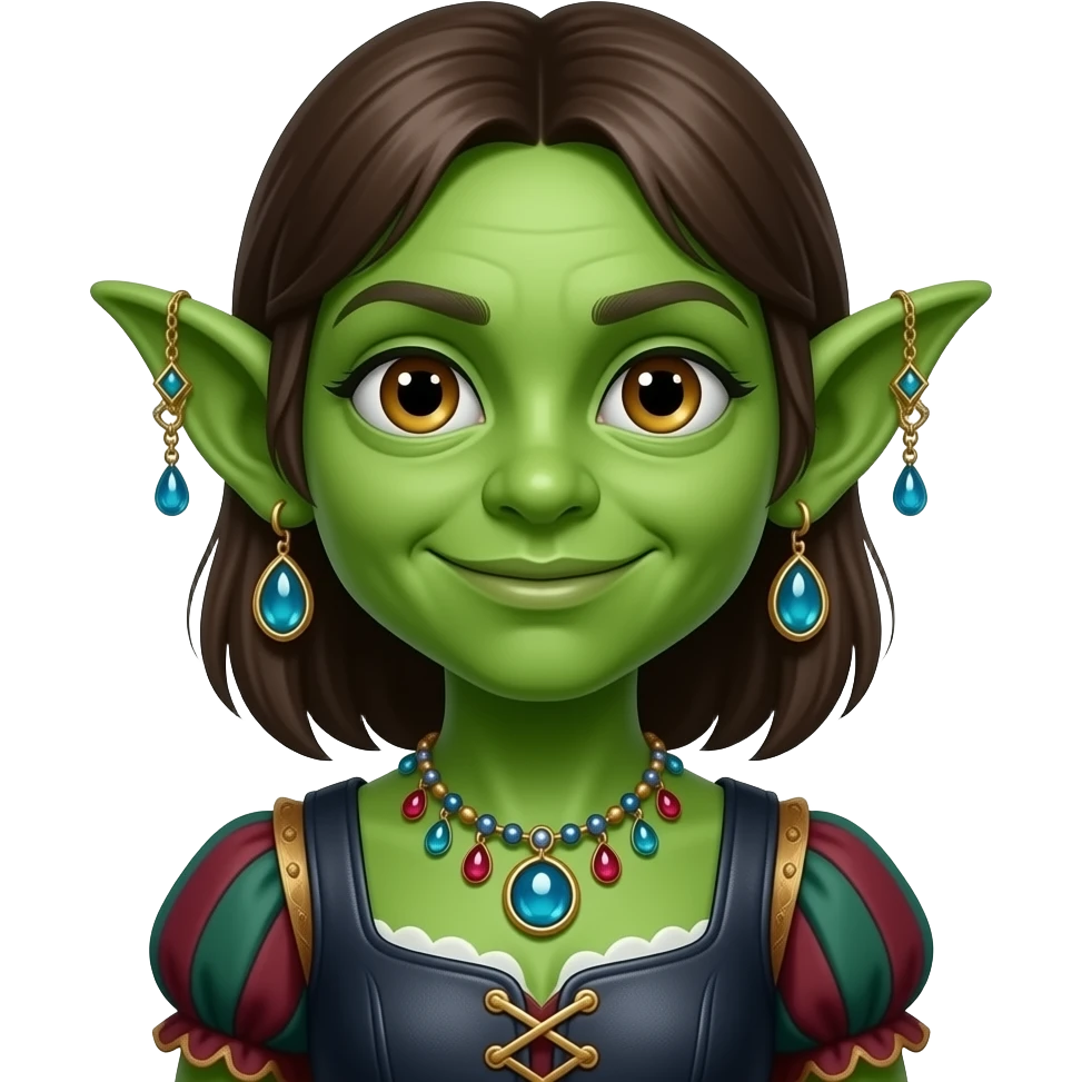 Rennaisance faire Green skin Goblin girl with shiny junk trinkets emoji