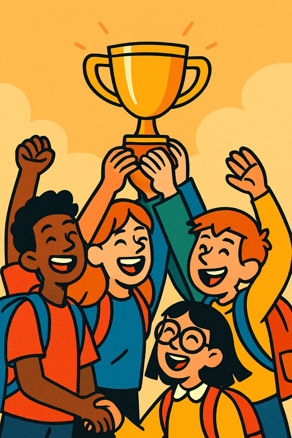 quatre étudiants heureux soulèvent ensemble un trophée, style illustration expressive, fond simple, ambiance de victoire emoji
