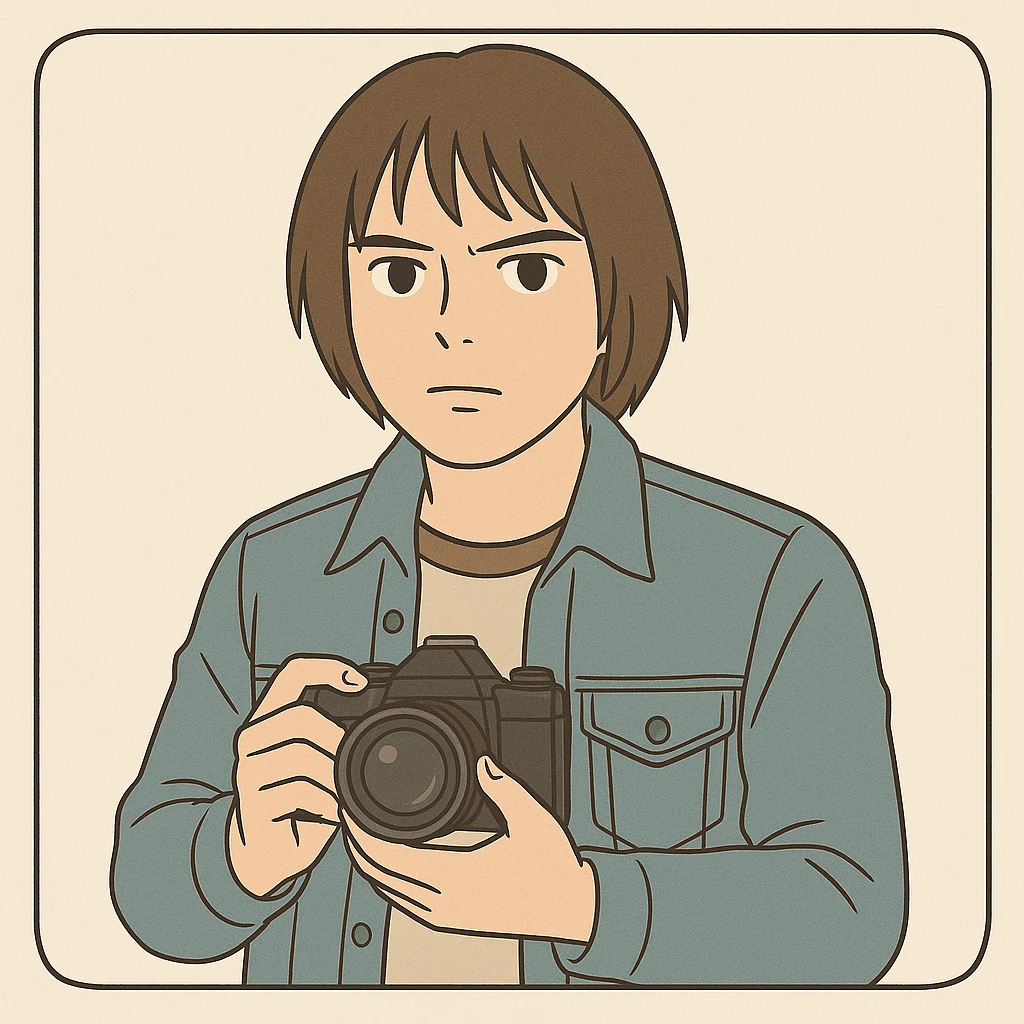 Jonathan Byers from Stranger Things with straight hair, denim jacket, holding a camera, serious expression, simple line art, light pastel tones, thick outlines, in Ghibli style, 1:1 format, inspired by the provided references. emoji