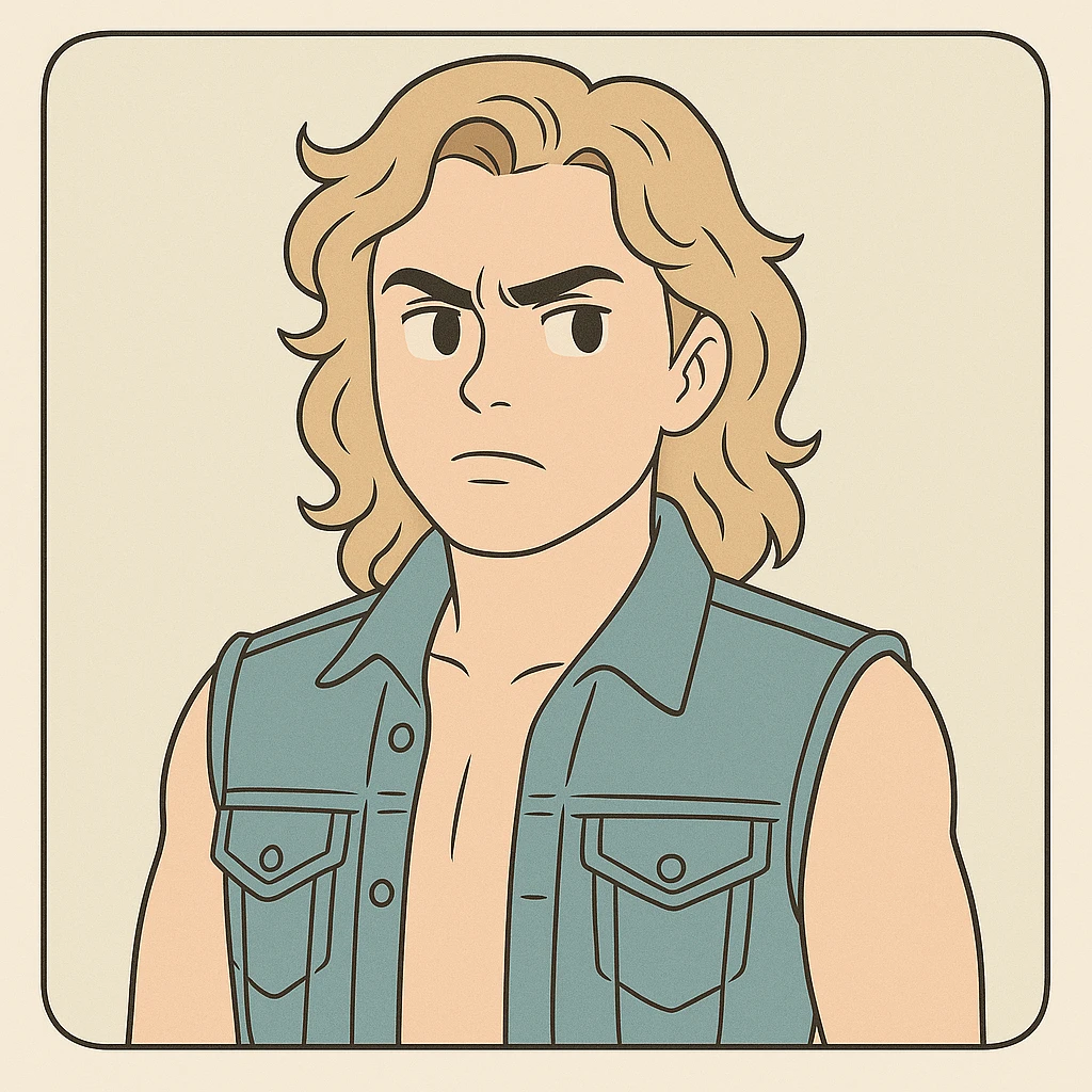 Billy Hargrove from Stranger Things with wavy blonde hair, sleeveless denim jacket, defiant expression, simple line art, light pastel tones, thick outlines, in Ghibli style, 1:1 format, inspired by the provided references. emoji