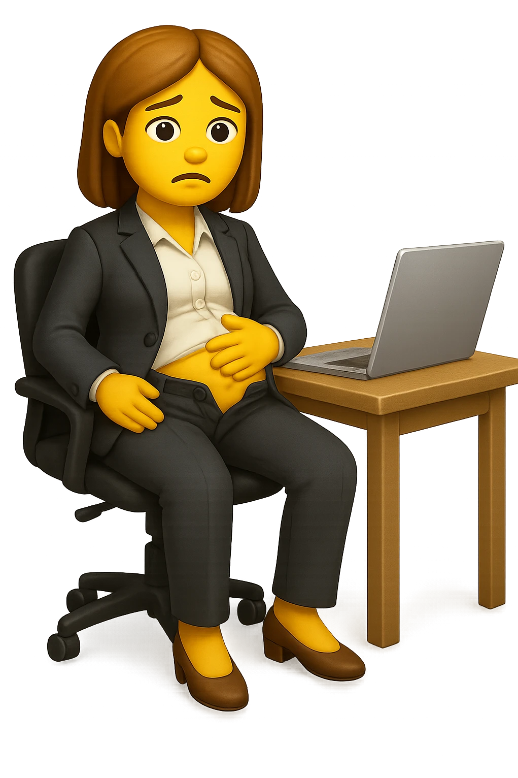 emoji stile iphone di una donna seduta alla scrivania dell'ufficio in completo elegante con i pantaloni sbottonati perché ha la pancia gonfia, falla a corpo intero, iperrealistico 4k emoji