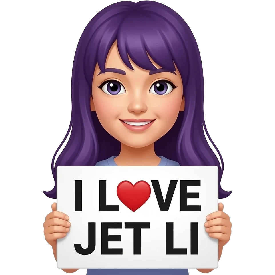 girl with long purple hair holding a I LOVE JET LI sign emoji