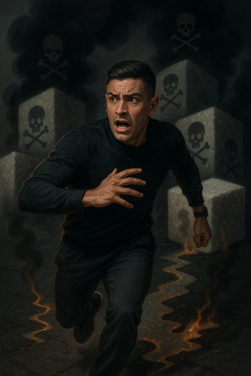 Create an image of a man in his thirties inspired by the face in the reference photo, fleeing with a scared expression. He is running away from huge stylized sugar cubes depicted as toxic, with dark halos, poison symbols like skulls, and black smoke. On the ground, there are traces of sugar melting and corroding whatever they touch. The man appears determined to escape, dressed in sporty or casual clothes. The atmosphere is dark but dynamic, with strong symbolism of sugar as a harmful substance. emoji