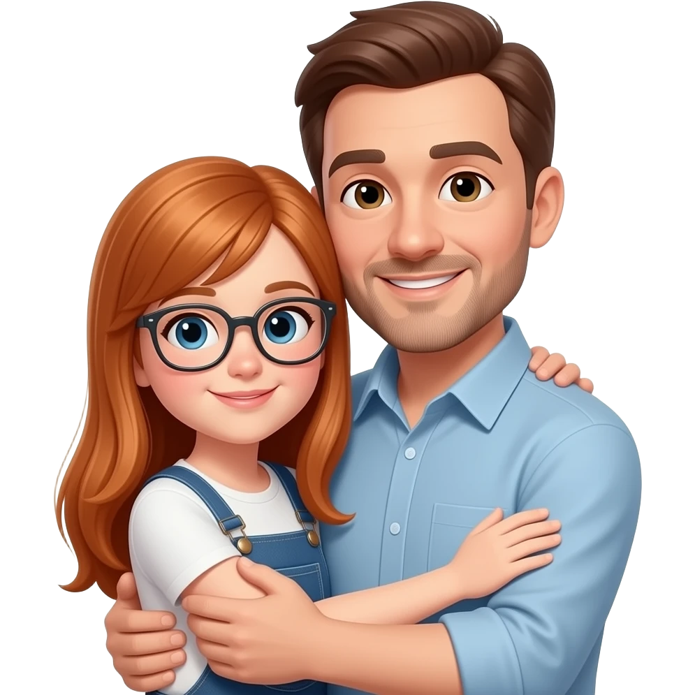 a dad and 13 year old girl hugging girl has long straight light red hair CLEAR glasses emoji