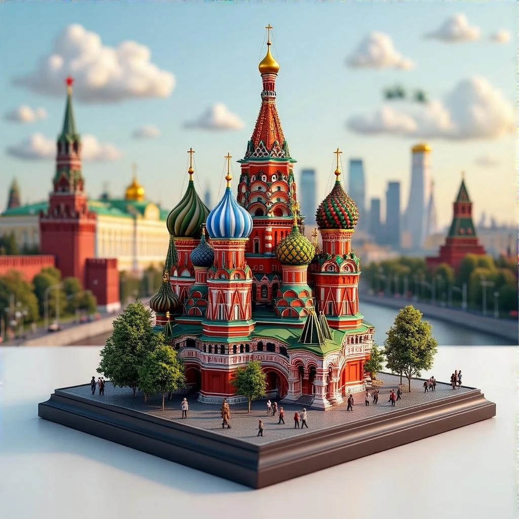 Изометричная миниатюрная 3D модель Москвы на подставке - фотореалистичный Кремль, собор Василия Блаженного, фотореалистичный Башни Москва-Сити, аккуратная детализация, яркие цвета, мультяшный реализм, гуляют люди и современный автотранспорт и метро, компактная композиция, вид сверху в изометрии emoji