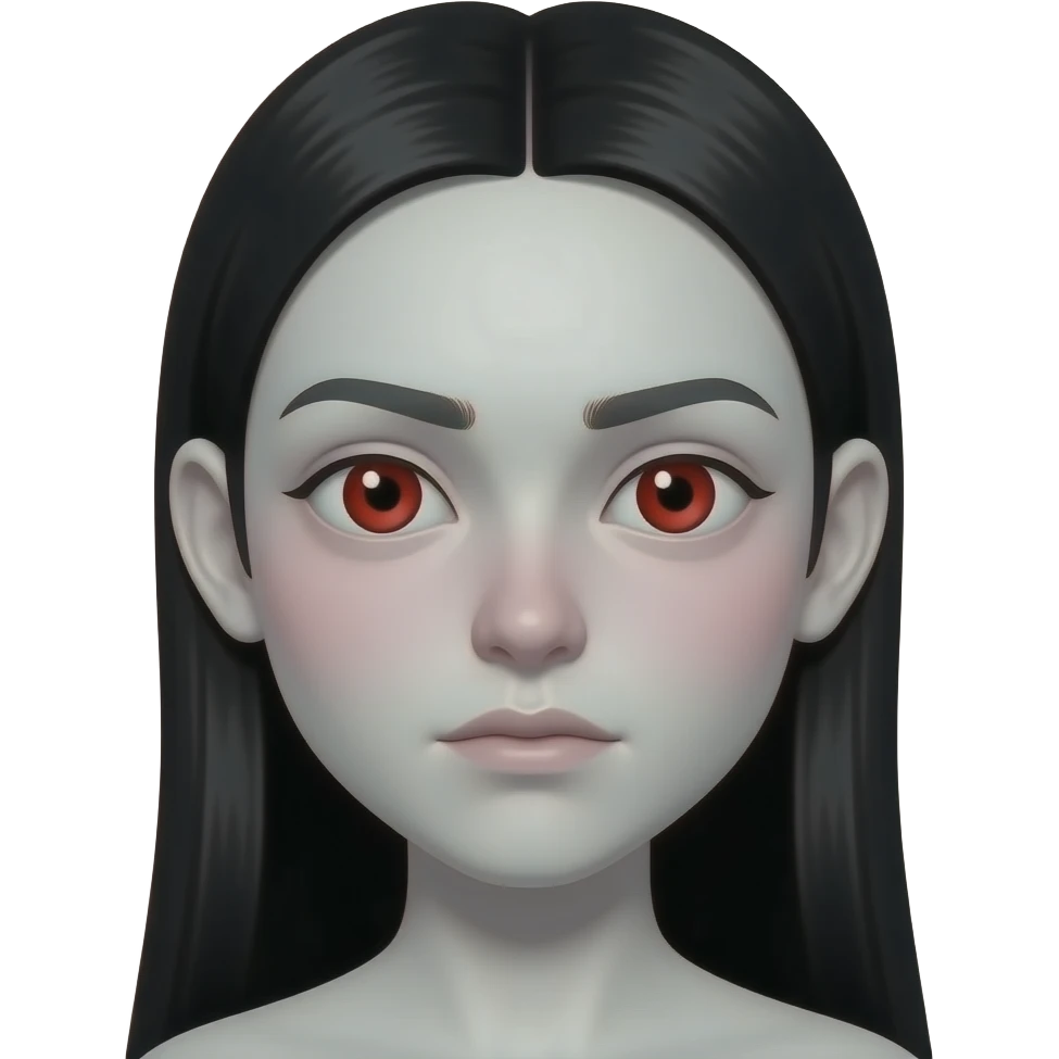 사악한 흰 피부. 붉은 동공. 살색 커다란 귀. 큰 눈. 창백한. 붉은 눈. 붉은 홍조. 사악한 검정 머리.무표정. 가르마 긴 생머리. emoji
