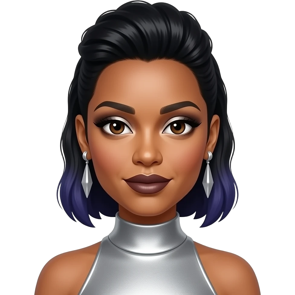 Kelly Rowland from Destiny's Child with dark brown eyes, black faux hawk hairdo with dark indigo highlights, silver eyeshadow, dark brown lipstick, silver high neck dress, silver earrings emoji