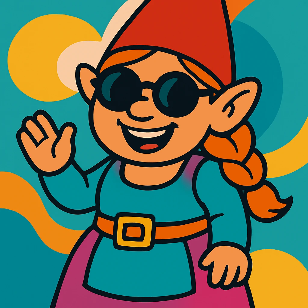 Change the sunglasses on the female gnome to round, retro style sunglasses. Keep the rest of the image intact. emoji