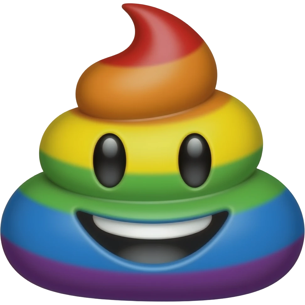 A happy poop emoji with a smiling face, designed in a colorful rainbow style. emoji