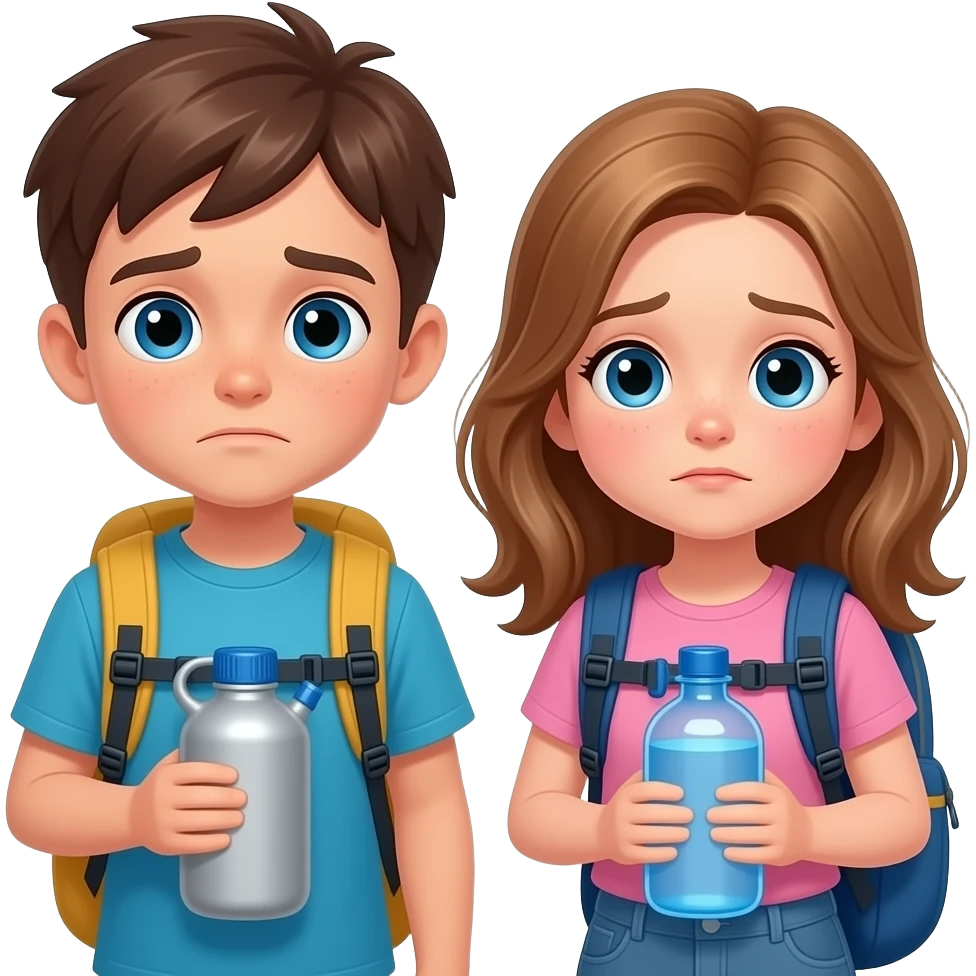 chico y chica  cansados el chico castanyo i con pelo corto y la chica pelo suelto y un poco rubia pero castaño avellana y los dos tienen ojos azules son hermanos con una cantimplora de agua i otro una mochila. estan depie. emoji