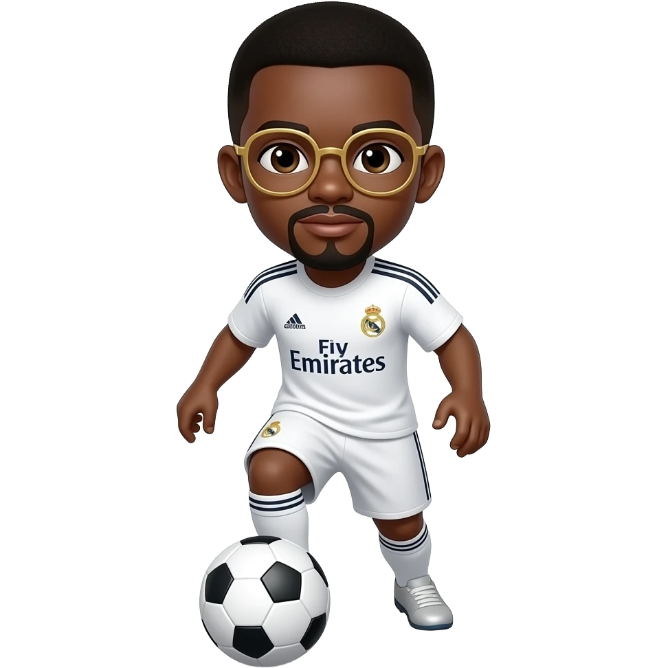 black boy with top black and botom gold glasses playing soccer with a madrid jersey and a little mustache and a goatee emoji