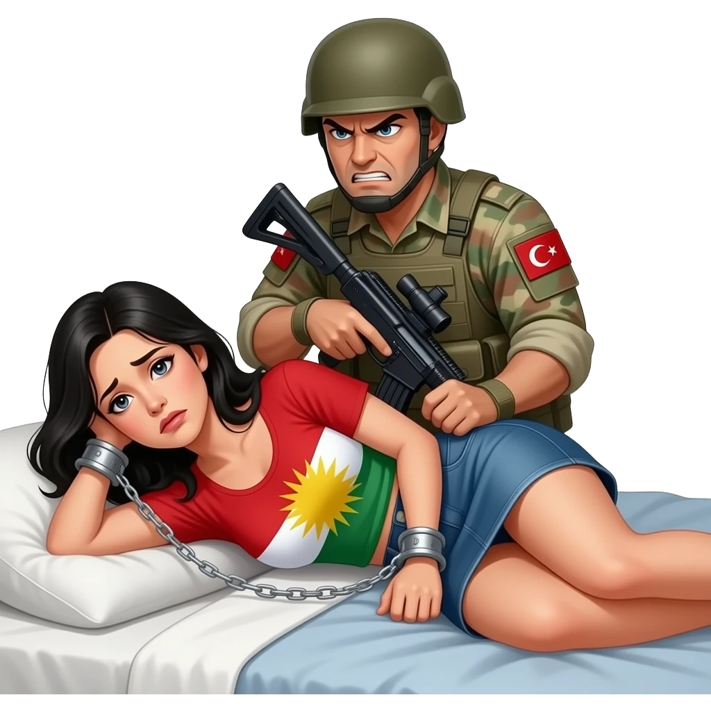 Kelepçeli siyah saçlı beyaz tenli ve mini etekli Kürdistan bayrağı giyen korkmuş bir kadın ve arkasında onu kelepçeleyen azgın bir  Türk asker ve bu ikisi yatakta olsun emoji