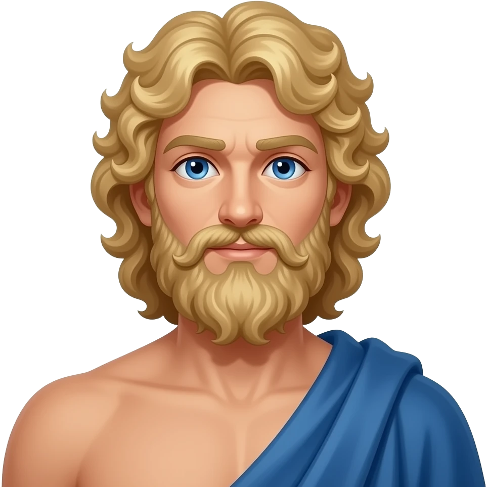 Jupiter from Roman Mythology with blue eyes, long blonde curly storm cloud hair and beard, azure cloak, shirtless emoji
