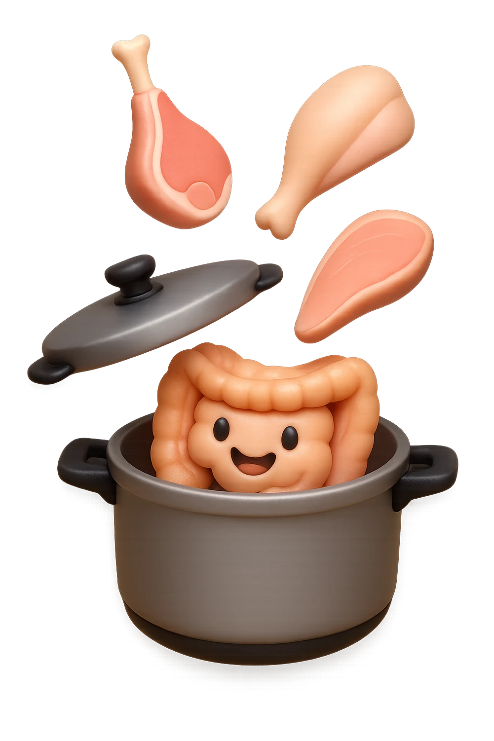 emoji stile iphone in 3d di una pentola a pressione dentro cui cadono agnello, pollo, tacchino crudi e un intestino umano felice da cuocere, iperrealistico 4k emoji