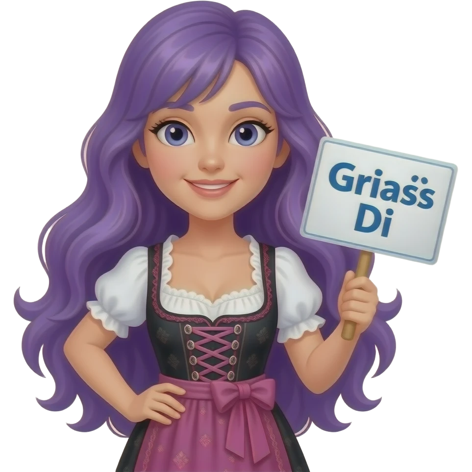 girl with long purple hair wearing a dirndl holding a Griaß Di1 sign emoji