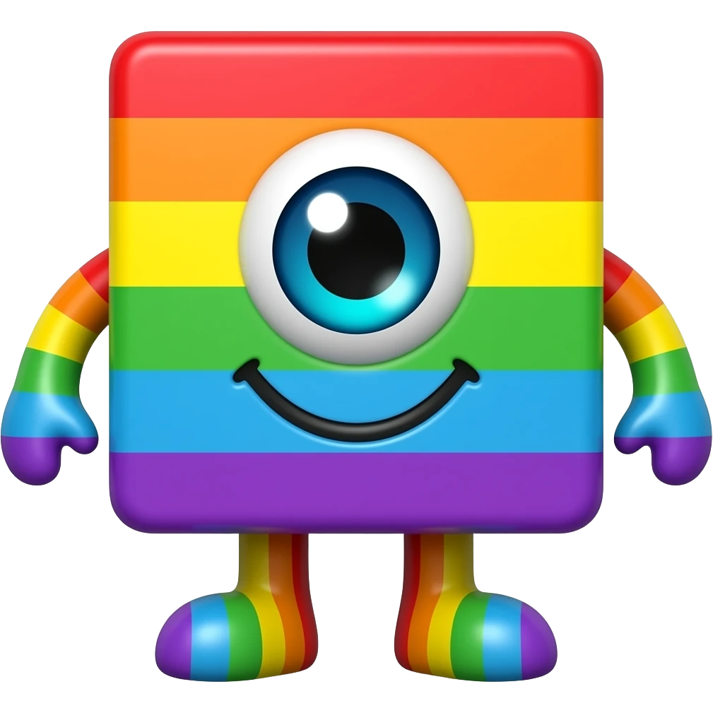 A rainbow block with rainbow feet, rainbow arms and a circular cute eye with a big smile emoji