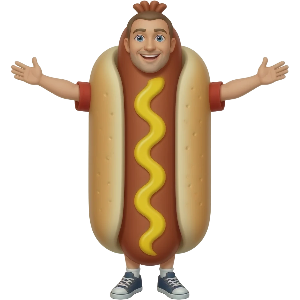 A man in a hot dog costume with his arms spread. The hot dog should have a single stripe of mustard emoji