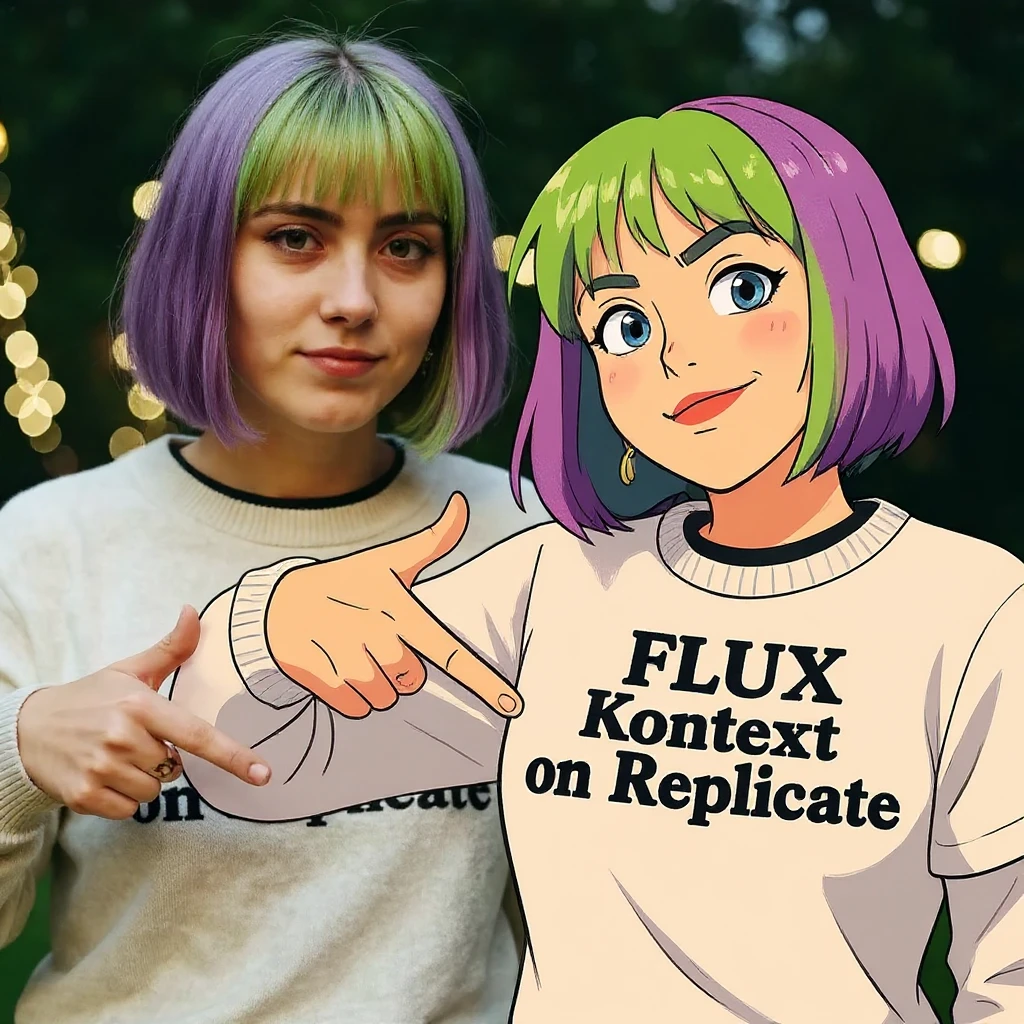 make a image of a girl with a anime version of that girl beside her wearing tshirt with text of FLUX Kontext emoji