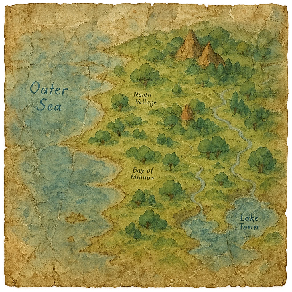 realistic crinkled and water damaged map, natural colors, soft, fairy-like atmosphere, no background, square size emoji