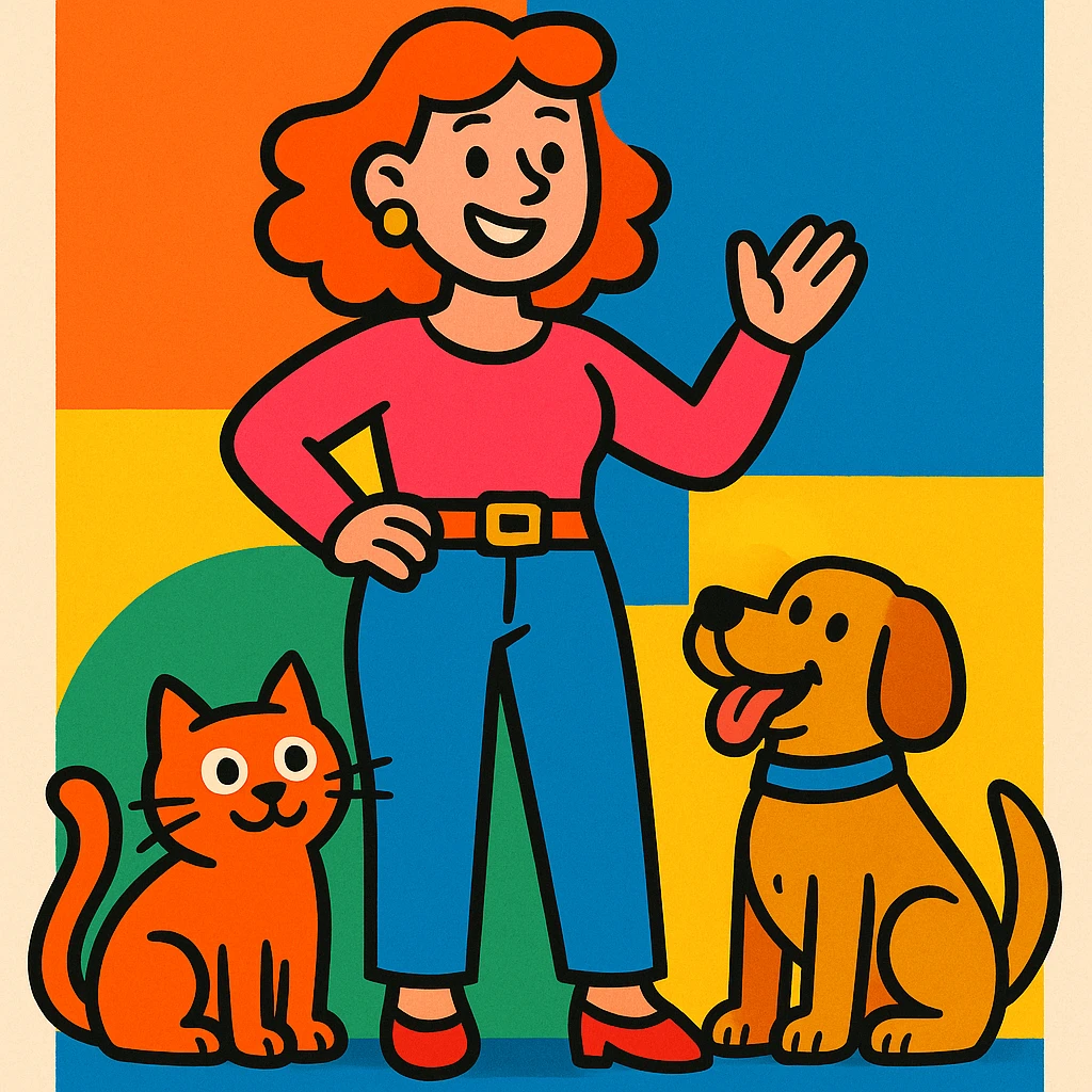 a woman standing with a cat and a dog near her on the right side, vibrant toon style illustration emoji