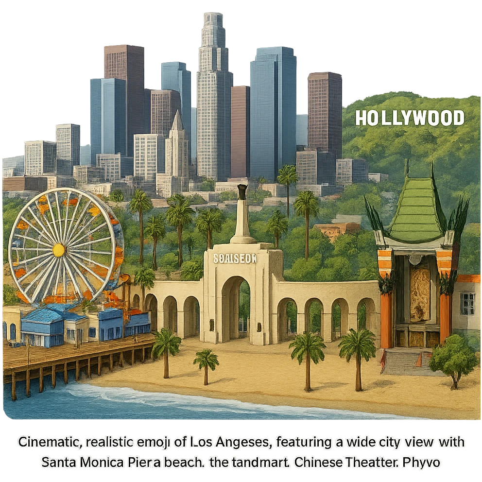 cinematic, realistic emoji of Los Angeles, featuring a wide city view with the Santa Monica Pier and beach, the iconic downtown LA skyline, the landmark arches of the Los Angeles Memorial Coliseum, the famous Chinese Theater, and the Hollywood Sign, with lifelike architectural detail, accurate colors, bright daytime lighting, fully transparent background, no sky, no clouds, no city name label emoji