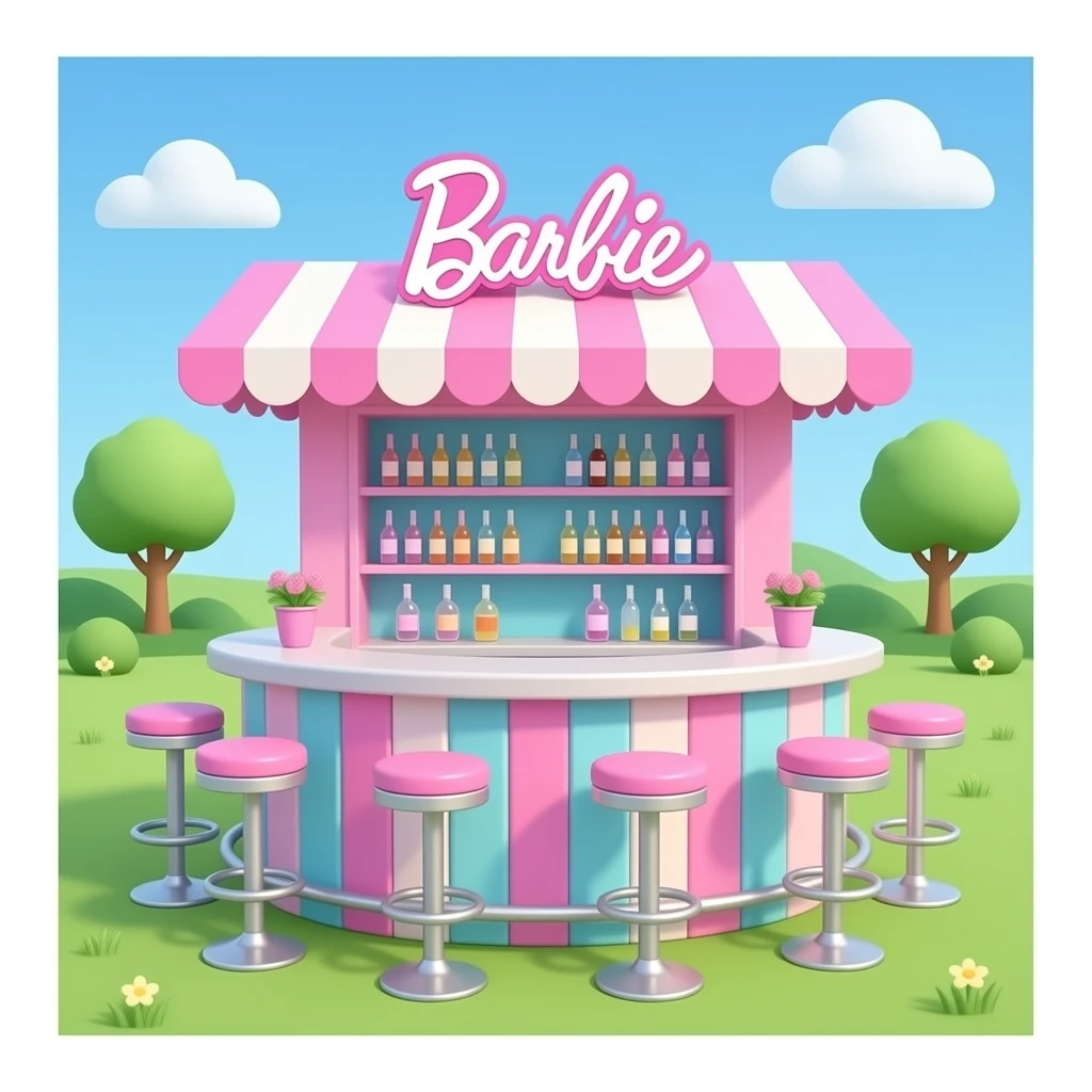 Counter/bar area Barbie-inspired  with pastel barbie colour emoji