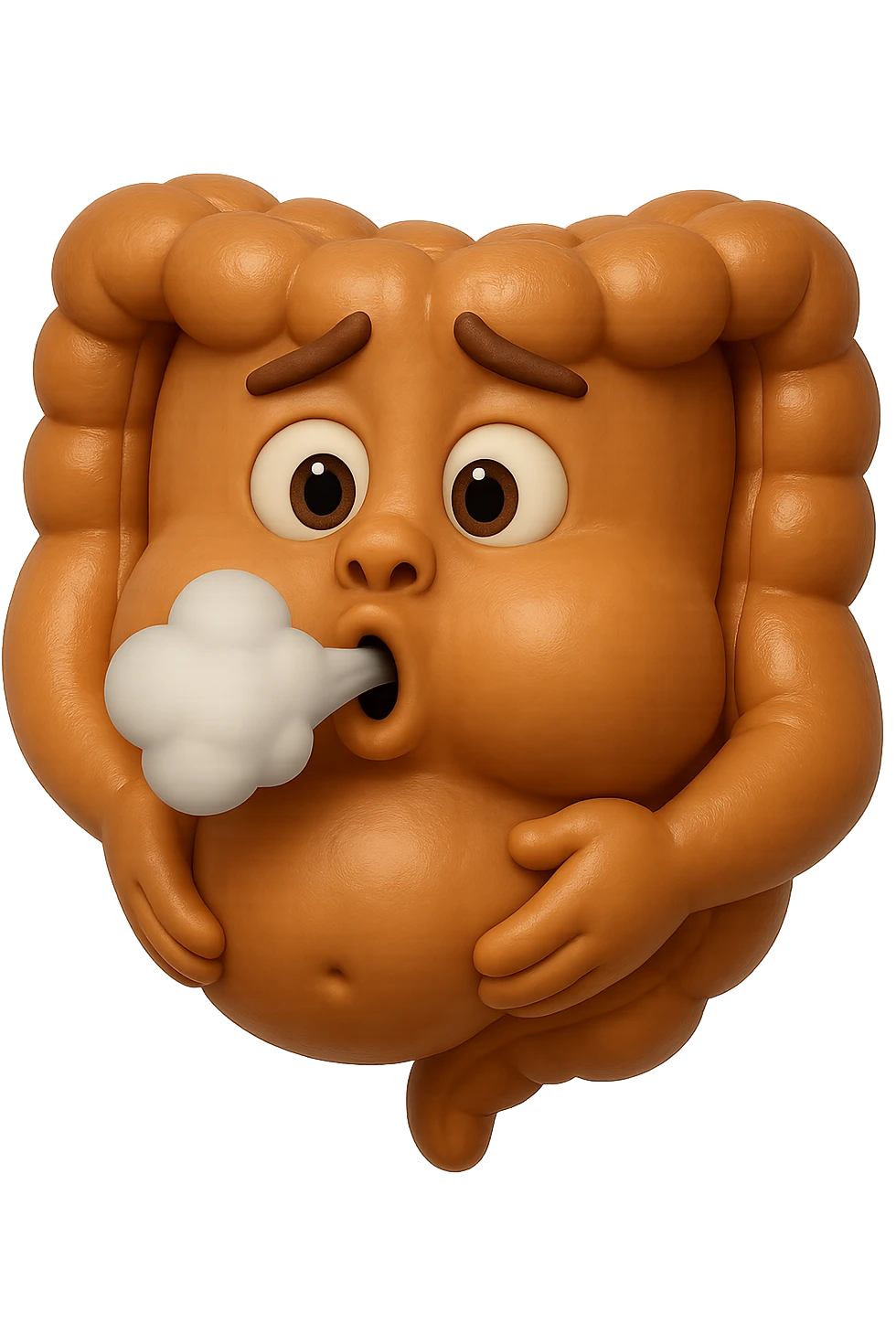 emoji stile iphone di un intestino che ingoia una nuvoletta di aria ben visibile e gli si gonfia la pancia, iperrealistico 4k emoji