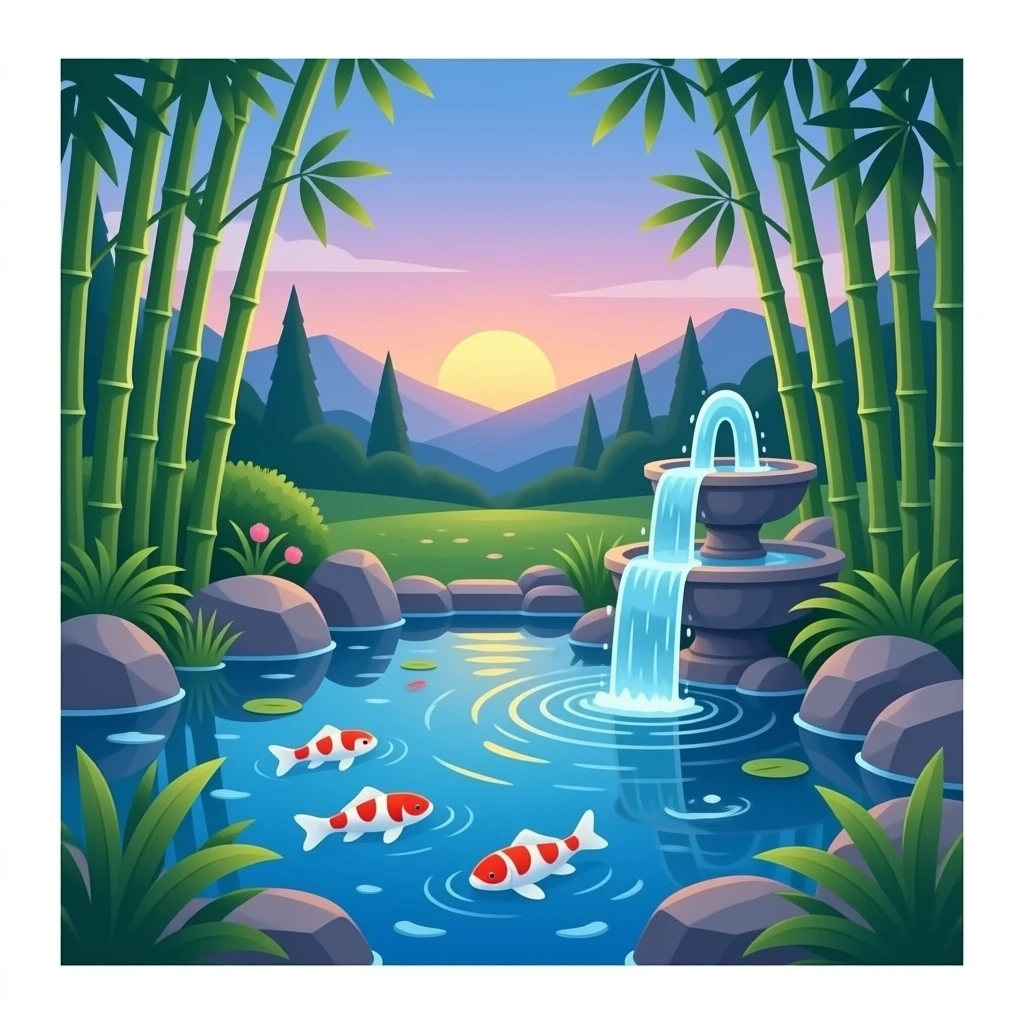 Romantic Asian koi fish pond and bamboo fountain scenic scenery landscape deco emoji