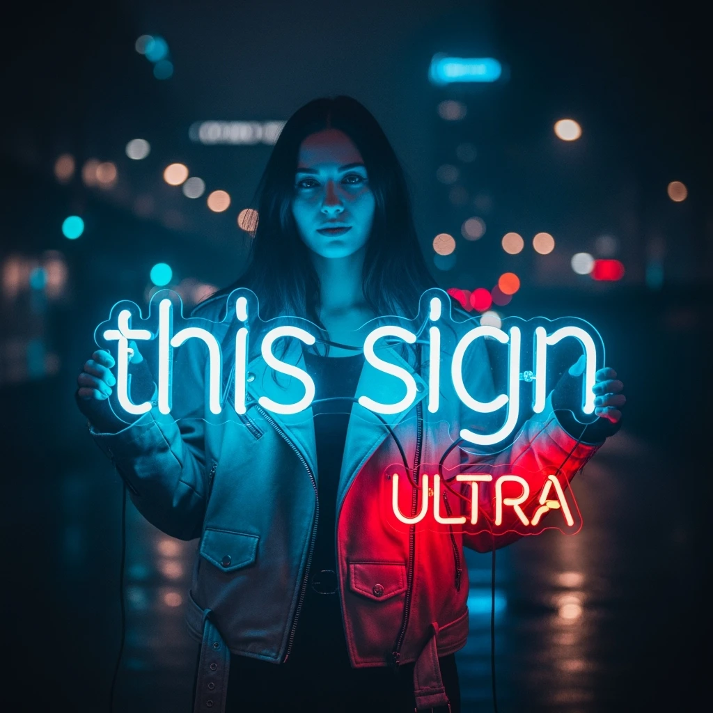 make a girl holding this sign, but sign in made of neon, also add ultra below the sign emoji