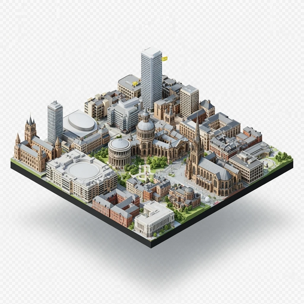 Isometric illustration-model of Birmingham with photorealistic main attractions, balanced between stylized and realistic, 3D miniature effect, transparent background. emoji