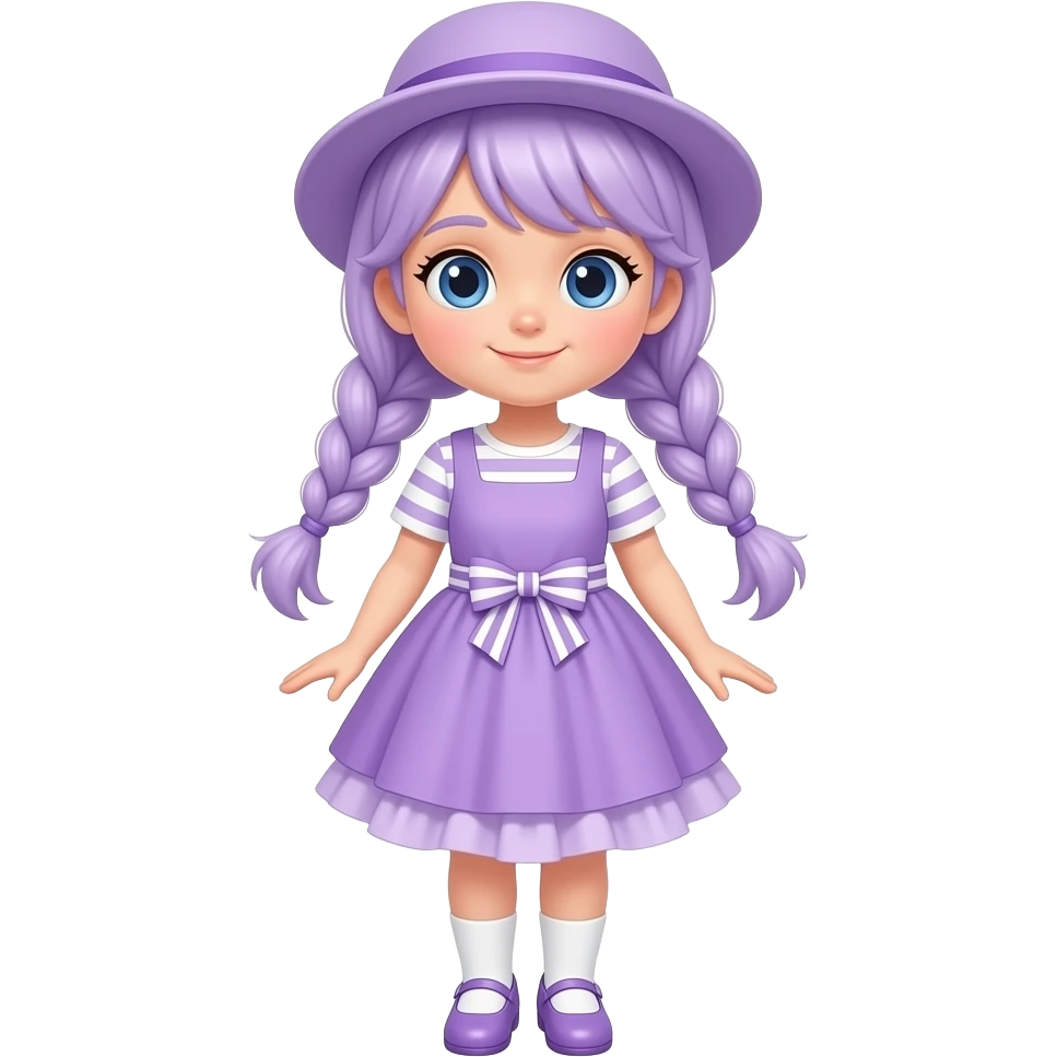 A girl with pale purple hair tied in braids and blue eyes, wearing a pale purple dress with white striped short sleeves and skirt, a pale purple frill, and a pale purple and white striped waist bow, pale purple shoes with white socks, and a pale purple hat. emoji