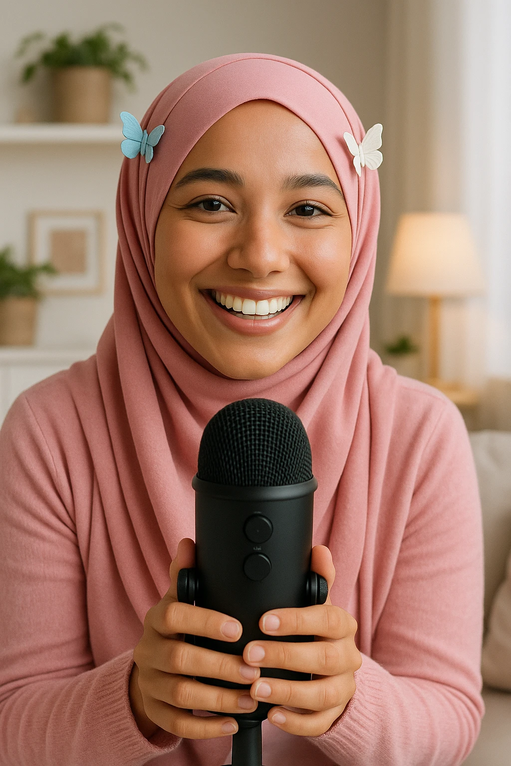 a girl ASMR content creator in a modern pink hijab, butterfly hairclips on each side, holding a microphone, cheerful and welcoming emoji