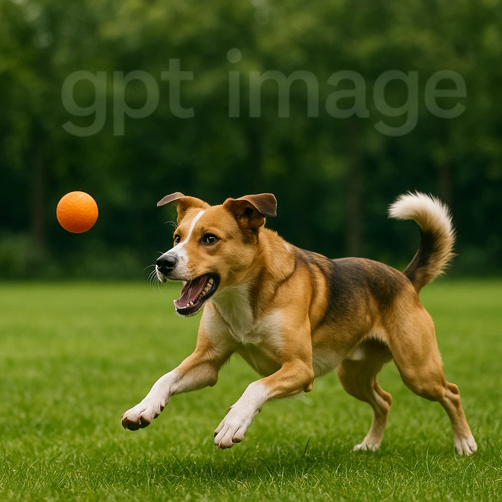  logo with text "gpt image" on the background of a dog chasing ball, realistic image emoji
