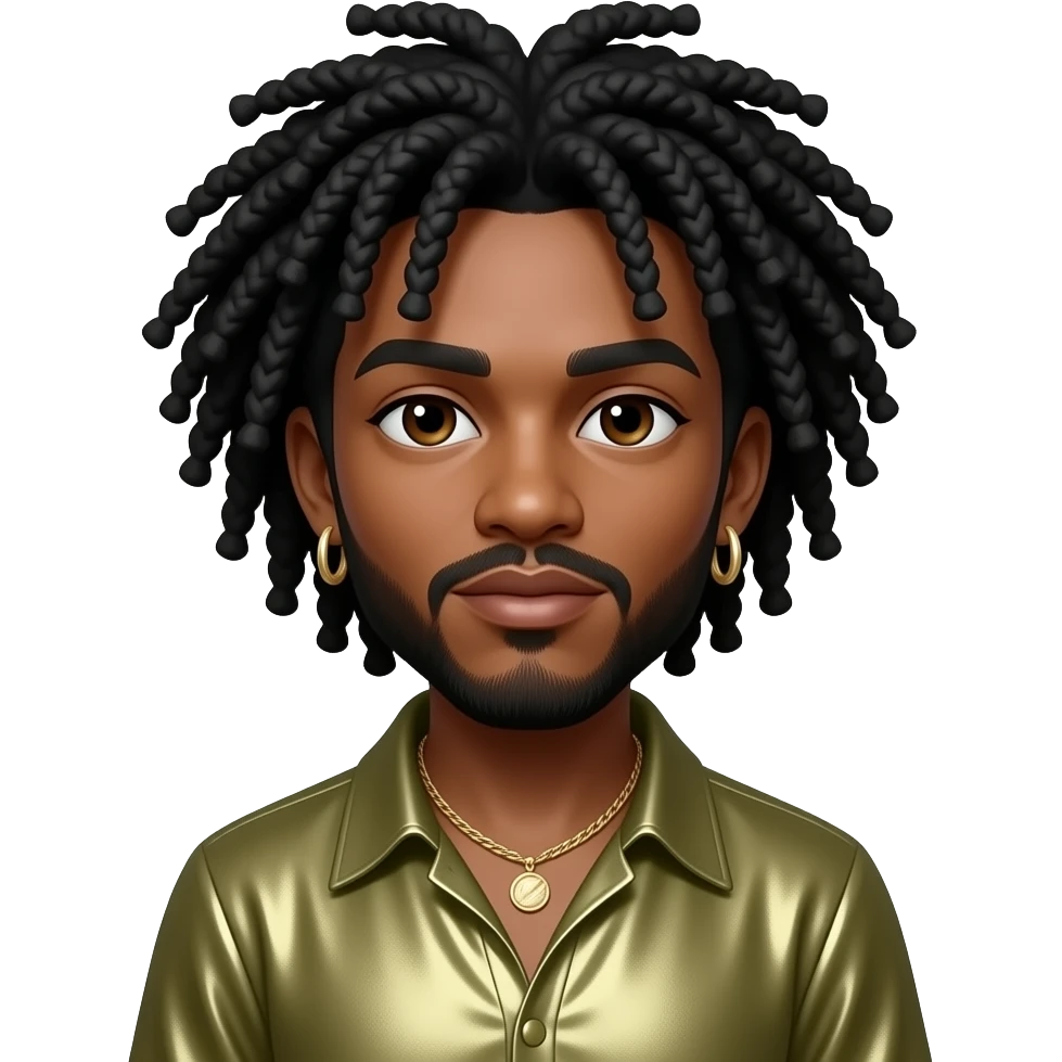 Shaggy, Reggae Rapper with dark brown eyes, black hair, olive metallic blouse, necklace and earrings emoji