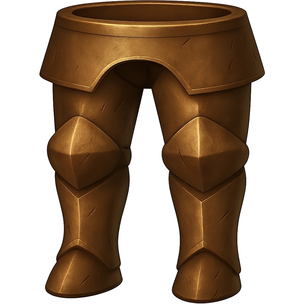 Remove the boots and show only the bronze platelegs (leg armor) with a realistic metallic bronze look and worn texture. The style should resemble emoji style with a transparent background. emoji
